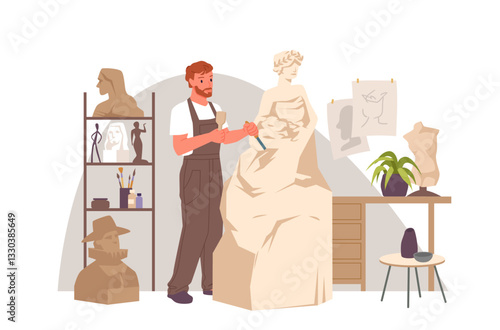 Sculptor man making body of stone statue in artisan creative master class at workshop interior. Guy with beard and jumpsuit working on model with hammer and chisel cartoon vector illustration