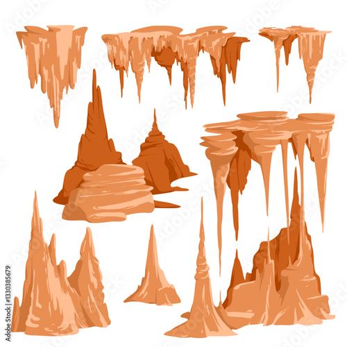 Cave stalagmites and stalactites set, stone and sand natural rocks objects. Mountains structure in cavern and wild underground tunnel with wet sharp peaks, dripping water cartoon vector illustration