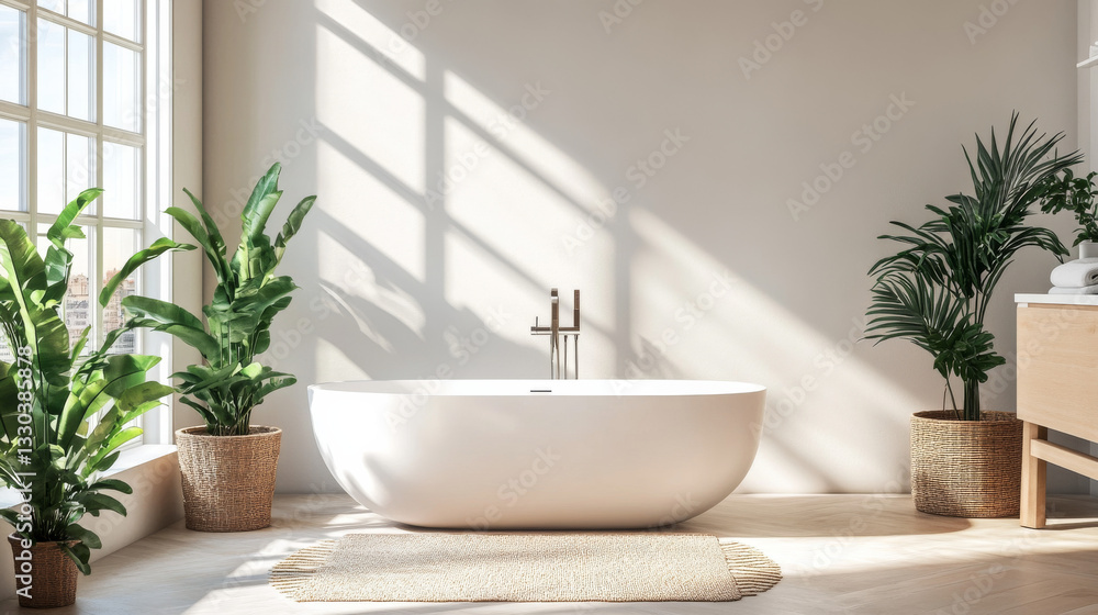 A modern white bathtub in a minimalist bathroom, set within a cozy apartment or hotel room with elegant home decor A modern white bathtub in a minimalist bathroom, set within a cozy apartment or hotel room with elegant home decor