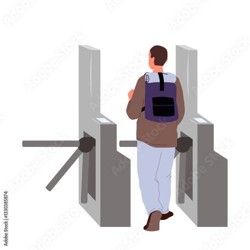 Turnstile entrance with young man standing at tourniquet barrier, back view. Student with backpack walking towards closed automatic gates to enter metro or go out into city cartoon vector illustration