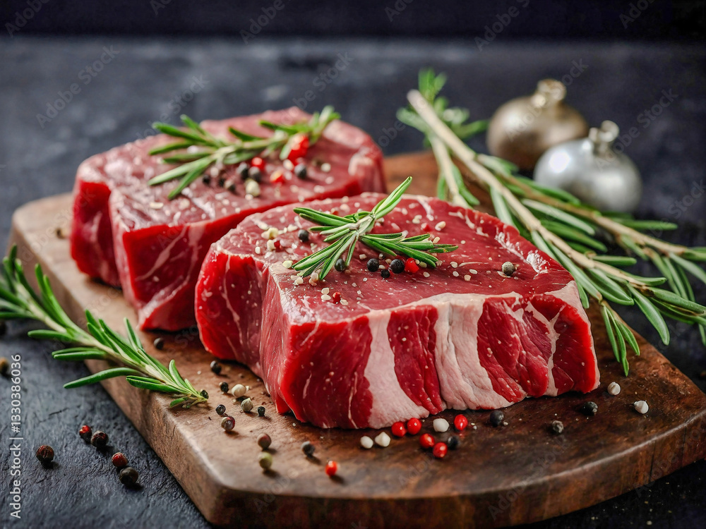 Raw beef steaks with rosemary and peppercorns. Raw beef steaks with rosemary and peppercorns.