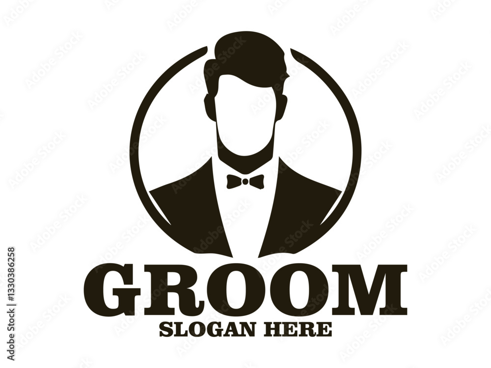 Fototapeta premium elegant groom silhouette with stylized hair and bow tie against a plain white background, groom illustration suitable for vector logo