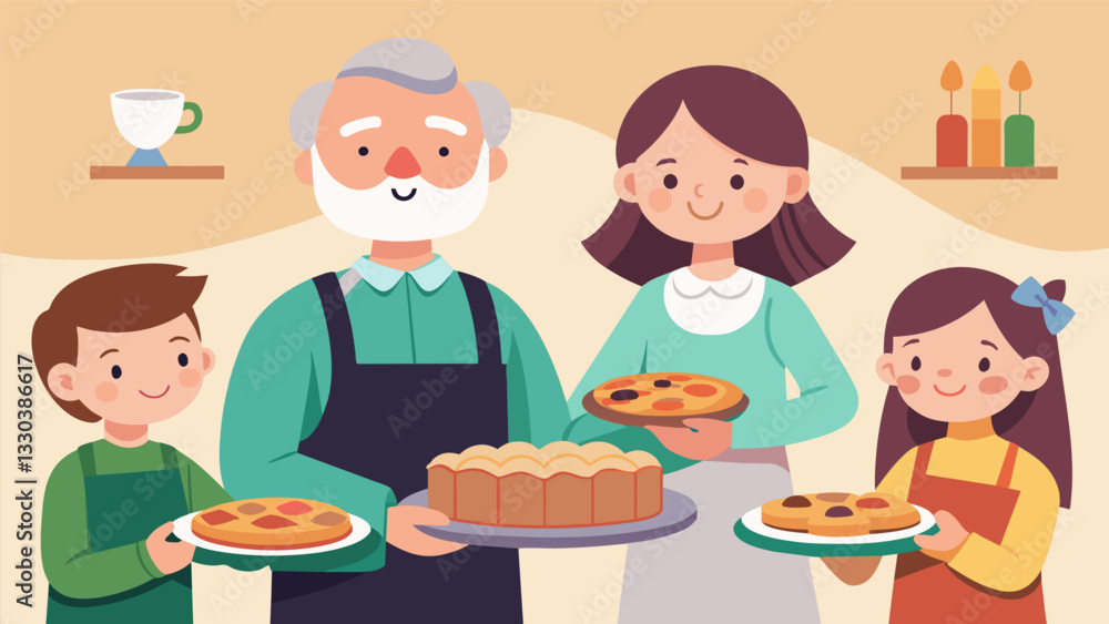 A grandfather and his granddaughter proudly presenting their homemade pies to the rest of the family at dinner time.. Vector illustration A grandfather and his granddaughter proudly presenting their homemade pies to the rest of the family at dinner time.. Vector illustration