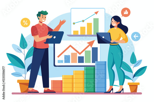 Two individuals are examining a growth chart on a laptop while discussing performance metrics, two people analyze the growth chart