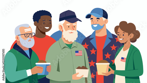 A group of retired military veterans volunteering at a shelter for homeless veterans using their shared experiences to uplift and support their brothers and sisters in arms.. Vector illustration