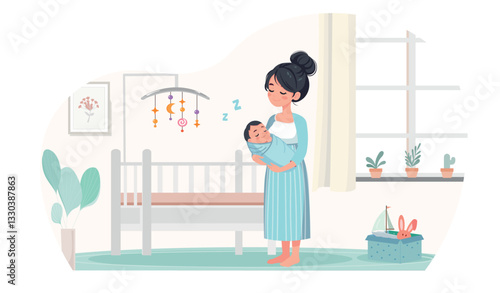 mother is standing at the baby crib and holding her baby cartoon vector style flat design	