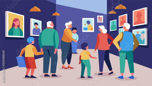 A photography exhibition is bustling with visitors of all ages admiring the gorgeous and thoughtprovoking pieces crafted by the Golden Years Photography Club.. Vector illustration