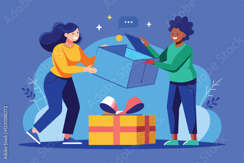 Two friends excitedly unveil a blue gift box while sharing a moment of happiness and surprise, Two people are opening a blue gift box