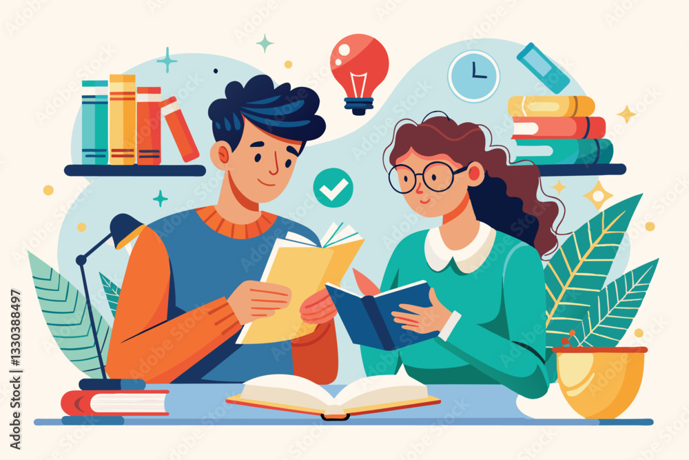 Two students are focused on their studies, surrounded by books, plants, and warm afternoon light in their workspace, two people are studying Two students are focused on their studies, surrounded by books, plants, and warm afternoon light in their workspace, two people are studying
