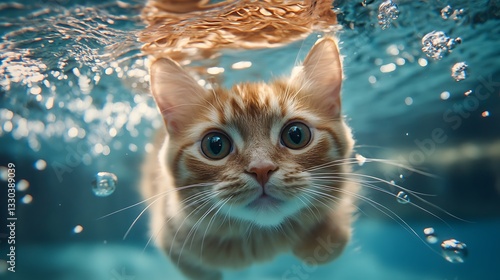 Fluffy ginger cat moving underwater swiftly pictures