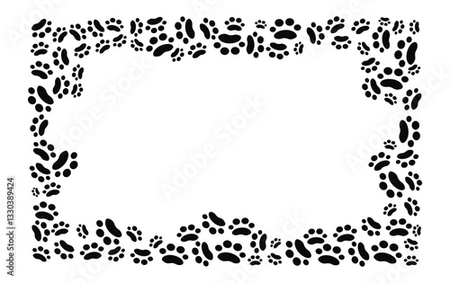 Frame of cartoon footprints, animal paw prints, background for print design. Card with space for text. Pet supplies, homeless animal adoption. Pet notice banner concept.