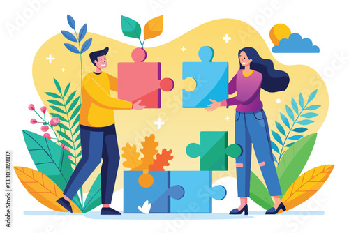 Two individuals work together joyfully to complete a colorful puzzle in a vibrant outdoor atmosphere, two people managed to put the puzzle pieces together