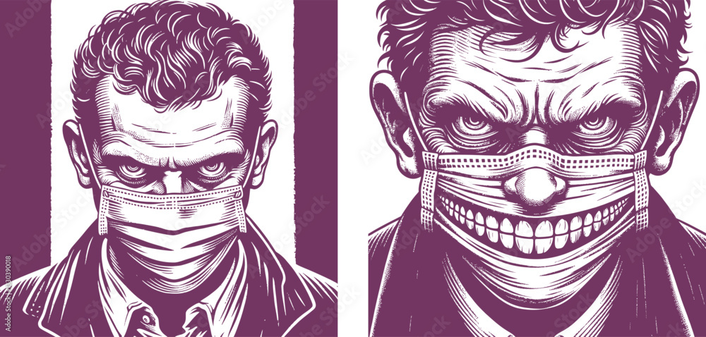 Naklejka premium set of man -looking man mouth a surgical mask , unsettling grin and intense eyes illustration, engraving sketch ink poster black illustration etching style tattoo, Woodcut old 