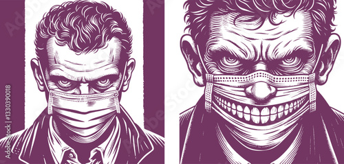 set of man -looking man mouth a surgical mask , unsettling grin and intense eyes illustration, engraving sketch ink poster black illustration etching style tattoo, Woodcut old 