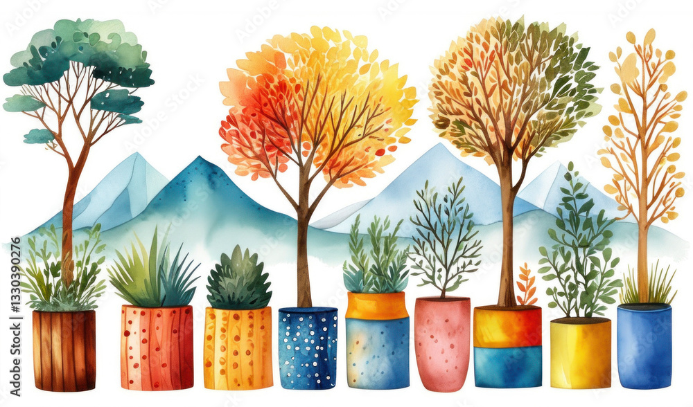 Fototapeta premium Watercolor illustration of potted trees with autumn foliage against a mountain backdrop