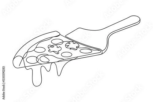 Delicious Pizza Slice on Server, One Line Drawing, Italian Food