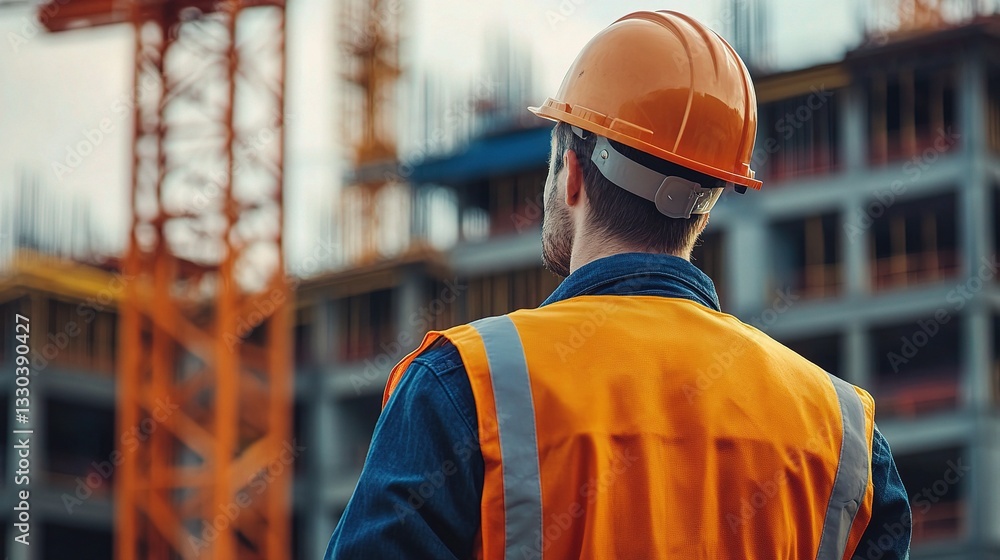 Construction Worker Observing Building Site from Back View Perspective Construction Worker Observing Building Site from Back View Perspective