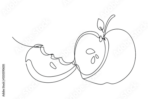 Single line Apple Drawing Half Eaten, Fresh, Juicy, Crisp, Sweet