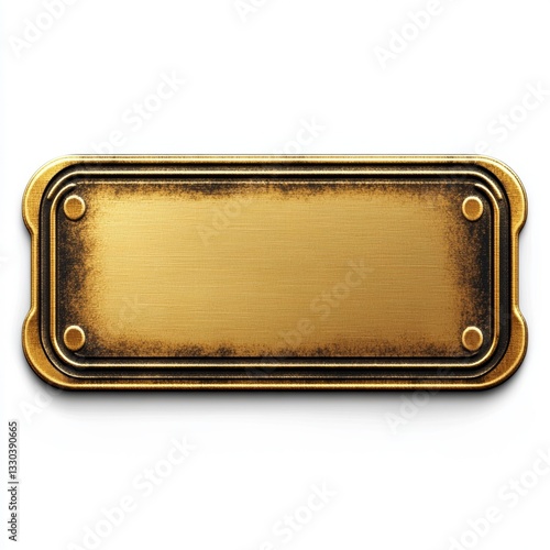 Metal plate background shows a blank, horizontal, golden, rectangular sign with an aged appearance and four rivets on a white surface