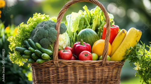 A wicker basket brimming with fresh organic vegetables and fruits
