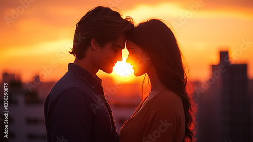 Romantic couple embracing at sunset on rooftop. Hug after proposal. Propose Day