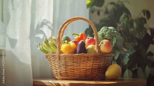 A wicker basket filled with fresh organic fruits and vegetables