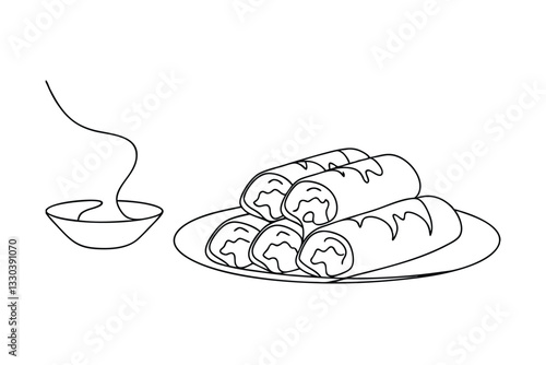 Delicious Vietnamese Spring Rolls, Fresh Food, Line Art, Asian Cuisine