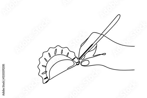 One line Drawing Hand Crimping Pierogi Dumpling Pastry Food
