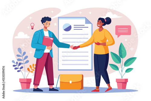 A successful contract agreement occurs as two professionals shake hands in a vibrant office environment, Two people shaking hands with contract signature paper