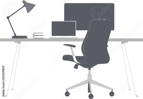 Outline of a stylish home office with ergonomic chair and desk simple vector illustration.