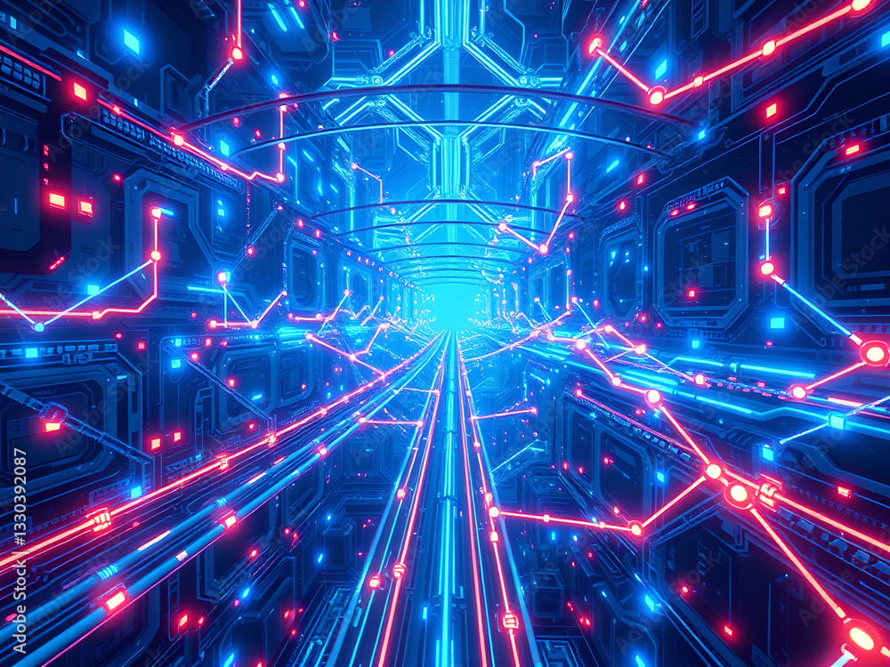 Obraz premium Futuristic Network Design: Glowing Electric Circuitry, Cyberpunk Aesthetics, Neon Paths, High-Tech 3D Structures, Hyper-Realistic 8K Immersion