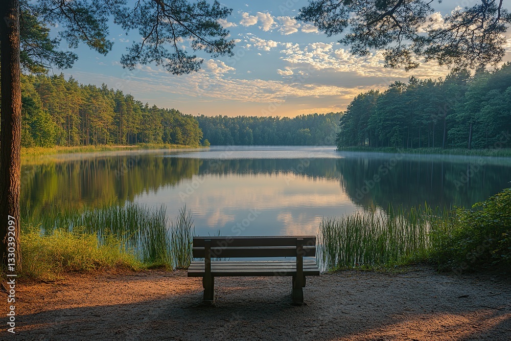 Obraz premium Bench in park with view on the lake in the morning
