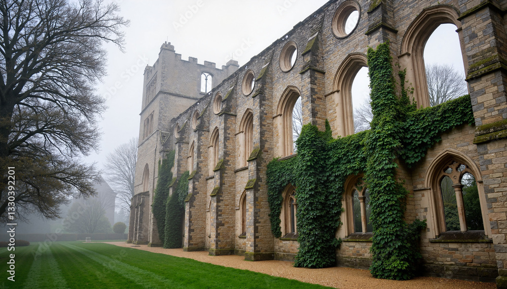 Fototapeta premium Misty abbey facade with ivy at dawn, capturing timeless beauty