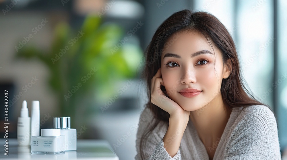 Beautiful Asian Woman with Skincare Products in Bright Interior Beautiful Asian Woman with Skincare Products in Bright Interior