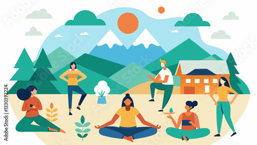A wellness retreat offering physical activities such as yoga and hiking as well as workshops focused on emotional and mental wellbeing.. Vector illustration
