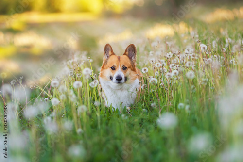 one cute corgi dog sitting on summer meadow among white dandelion flowers