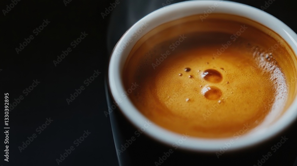 Hot espresso coffee steaming in a white rimmed cup Hot espresso coffee steaming in a white rimmed cup