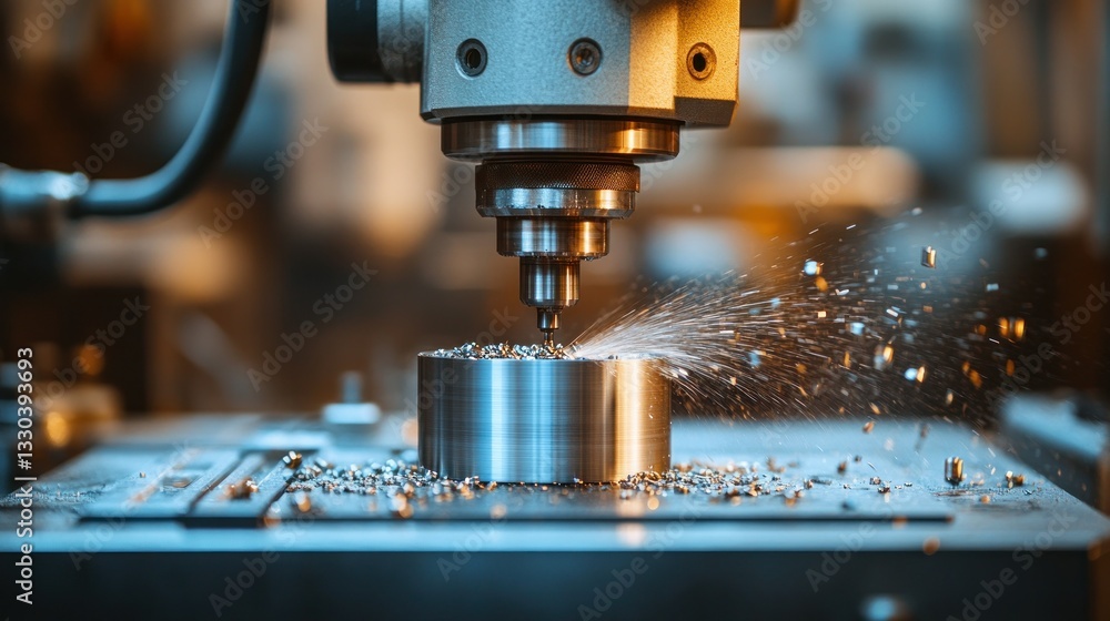CNC milling machine cutting metal. Precise metalworking process generates metal chips CNC milling machine cutting metal. Precise metalworking process generates metal chips