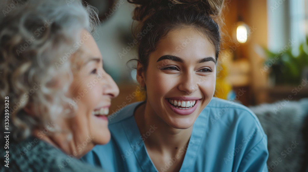Fototapeta premium A home health care worker assists an elderly woman in her home / Healthcare aide / Medical assistant