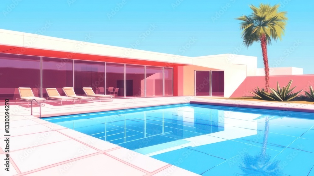 Modern pool house with patio and lounge chairs. Sunny, stylish exterior Modern pool house with patio and lounge chairs. Sunny, stylish exterior