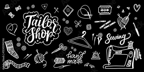 Handdrawn Sewing and Tailoring Elements Including Sewing Machine and Tools
Doodle illustration featuring various tailoring and sewing tools including a sewing machine, needles, spools, etc