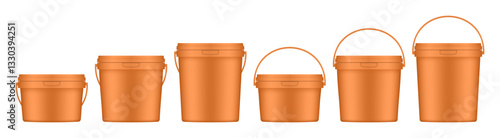 Orange plastic buckets with handle and lid. Vector mockup of a food or building mixtures packaging. A bucket of paint or putty. Small, medium and large sizes	
