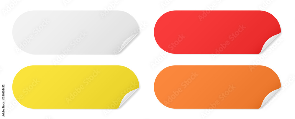 Set of long rounded paper stickers with silver foil back. Stick in notes. White, yellow, orange and red colors. Multicolor post it notes. Sheets of paper. Tag, sticky note Set of long rounded paper stickers with silver foil back. Stick in notes. White, yellow, orange and red colors. Multicolor post it notes. Sheets of paper. Tag, sticky note