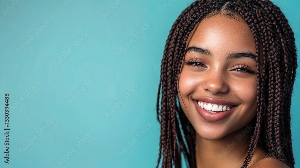Young Woman with Braids Smiling Brightly Against Turquoise Background Young Woman with Braids Smiling Brightly Against Turquoise Background