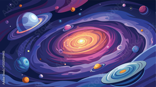 Cosmic swirl of galaxies and planets in vibrant colors exploring the wonders of deep space and the mysteries of the universe