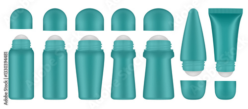 Set of teal green roller ball bottles. Body antiperspirant deodorant roll-on, open blank bottles with screw cap. Realistic vector mockup. Roller Applicator	
