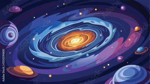 Cosmic swirl of galaxies and planets in vibrant colors exploring the wonders of deep space and the mysteries of the universe
