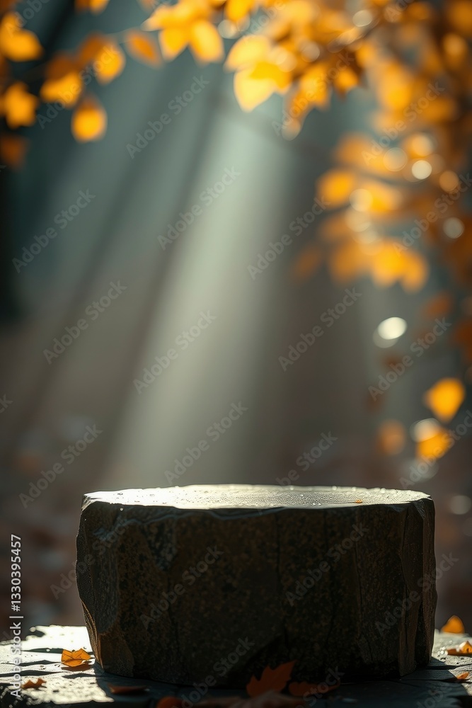 Stone Pedestal Display in Autumn Forest with Sun Rays Shining Through Leaves Stone Pedestal Display in Autumn Forest with Sun Rays Shining Through Leaves
