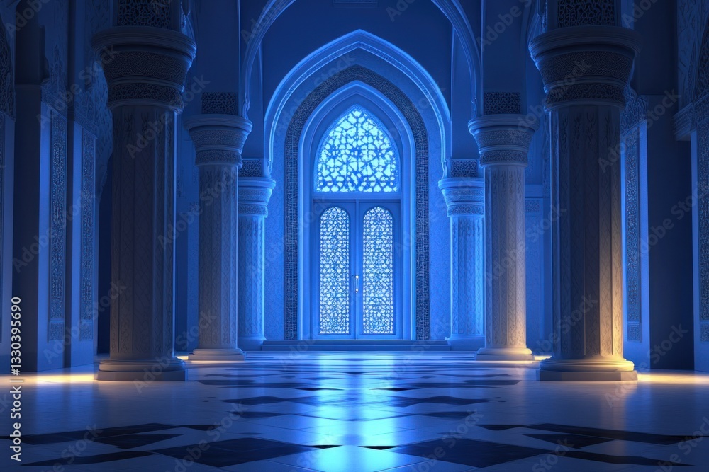 Mystical blue palace hall with arched doorway Mystical blue palace hall with arched doorway