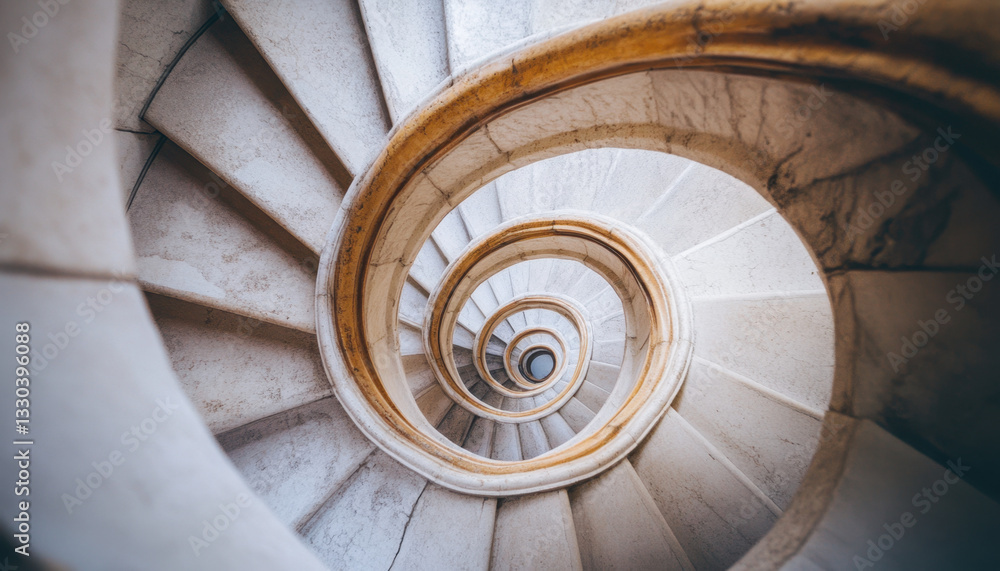 Obraz premium View from above a spiral staircase revealing its intricate curves and smooth surfaces, emphasizing unique architectural features and design